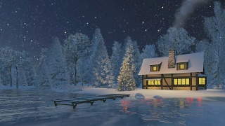 下雪的夜晚，乡村小屋和圣诞树视频素材模板下载