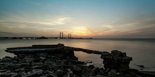 东海大桥上的夕阳，上海洋山深水港，时间间隔，4k