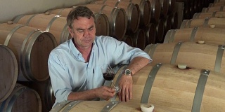 法国波尔多，圣爱美浓，一名男子在酒窖品尝葡萄酒，