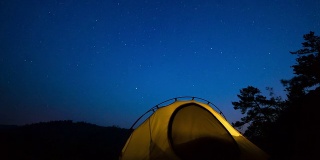 夜晚时移动的星星在帐篷上方