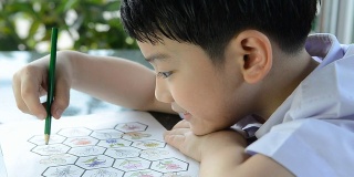 亚洲微笑的孩子学习和做他的家庭作业