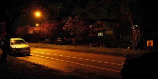 城市里的汽车在晚上从房子旁边驶过