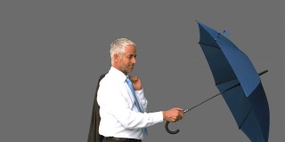 在灰色屏幕上，商人在他的伞下