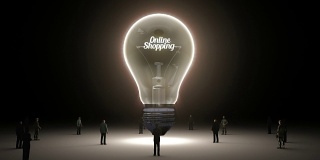 在灯泡和周围的商人、工程师、创意概念版本(包括alpha)中输入“Online shopping”