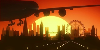 伦敦眼英国欧洲大本钟塔桥泰晤士河旅行飞机降落城市假日橙色红色金色剪影背景飞机飞机商务大都市名字字体在商业电影中很有用