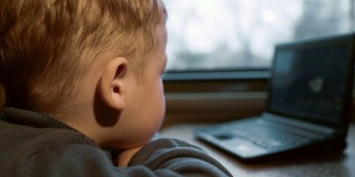 小男孩在火车上用笔记本电脑看视频