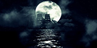 在一个满月的背景下，一艘老帆船在一个夜晚的海洋