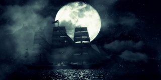 一艘在满月之夜航行的船在波浪和雾之间缓慢移动