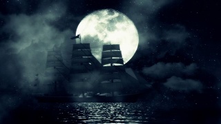 一艘在满月之夜航行的船在波浪和雾之间缓慢移动视频素材模板下载