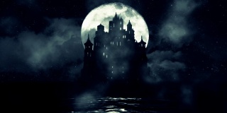 大海中央的一座大黑城堡，满月之夜