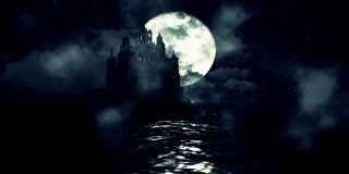 海中巨大的黑色城堡，夜晚满月升起