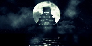 一个传统的日本城堡在一个夜晚的满月在海上