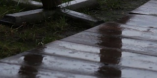 秋天，雨滴落在废弃的游乐园的木路上