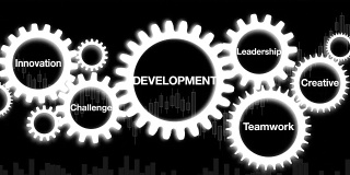 齿轮与关键字，创新，创意，团队，领导，挑战，商人触摸屏“发展”