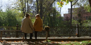 两个大龄妇女坐在长椅上聊天，享受着晴朗的秋日