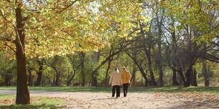 两个年长的女人漫步在秋天的公园小路上，边走边聊天