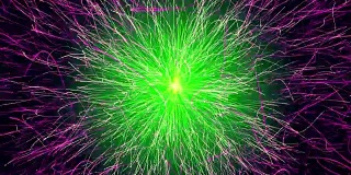 抽象的移动粒子用绿色和紫色表示