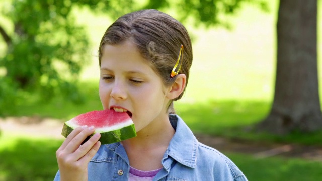 可爱的小女孩在公园里吃西瓜
