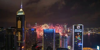 香港夜景和烟花的时间流逝
