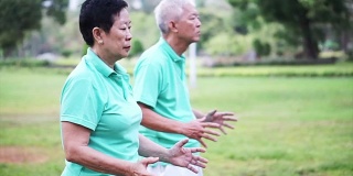 亚洲老夫妇在户外练习太极、气功的视频