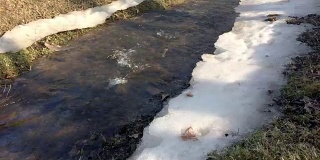春天公园里的小溪在融雪中流淌