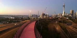 亮粉色的自行车道和奥克兰的天际线