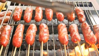 木炭炉上的美味烤台湾甜猪肉香肠视频素材模板下载