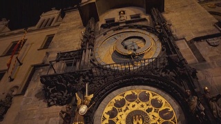 捷克布拉格夜晚天文时钟的倾斜镜头(捷克)视频素材模板下载