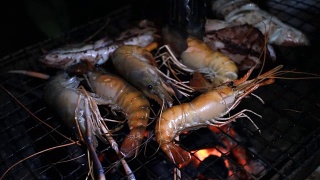 把虾和鱿鱼放在火焰烤架上。海鲜烧烤视频素材模板下载
