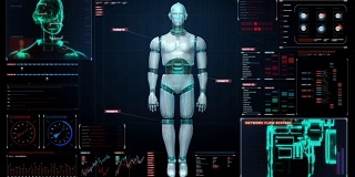 在数字界面中旋转透明3D机器人身体。显示。