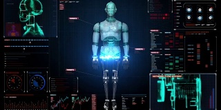 在数字界面中扫描三维机器人身体。