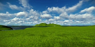 绿色的草地和海洋映衬着美丽的流云