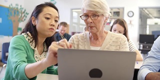 教师和高年级学生在成人教育课堂上使用笔记本电脑