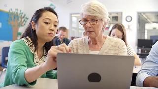 教师和高年级学生在成人教育课堂上使用笔记本电脑视频素材模板下载