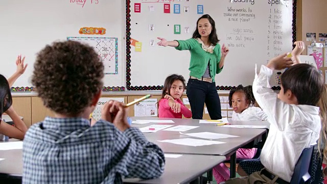 亚洲女性在学校教小孩，低视角