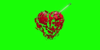 红色的心在绿色的背景下转动并爆炸