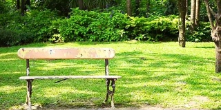 夏日阳光明媚的绿色公园里，空荡荡的旧板凳和复印空间