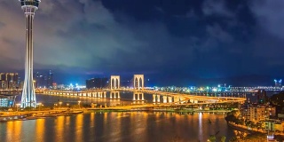 中国澳门塔、澳门大桥地标性建筑夜间(放大)