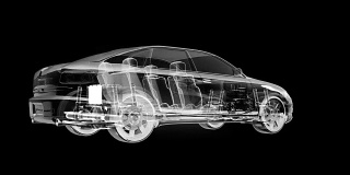 汽车技术。传动轴系统，发动机，内饰。360度视图。