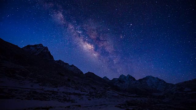 尼泊尔喜马拉雅山脉上的银河系天文学。Nuptse山，Everest山和Ama Dablam山。