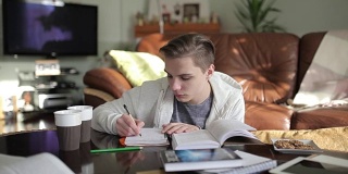 一个英俊的学生在笔记本上写笔记。