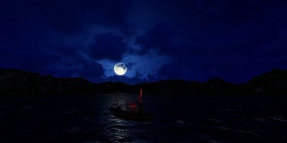 满月下，一艘渔船在环山湖上航行