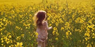 女孩在日落时跑过田野。慢动作