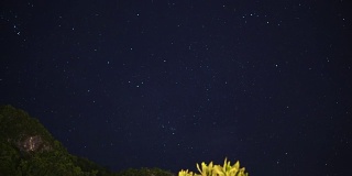 夜空与星星旋转的空间天体摄影时间流逝。山和树的前景