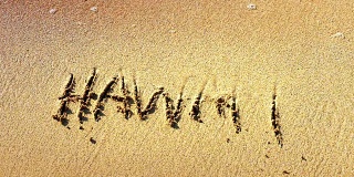 写在沙滩上的夏威夷文字，海浪拍打着海滩，热带海岸的海洋
