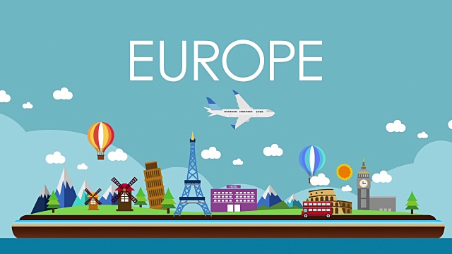 世界地图，欧洲旅行。旅游，插图动画，度假。