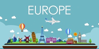 世界地图，欧洲旅行。旅游，插图动画，度假。