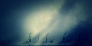 恐龙群在风和沙尘暴中迁徙