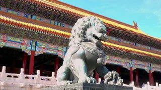 北京紫禁城太和殿前的青铜狮子视频素材模板下载