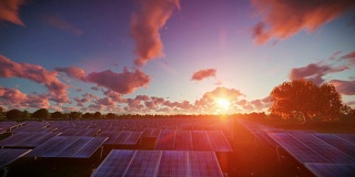 太阳能电池板，延时日落，鸟瞰图